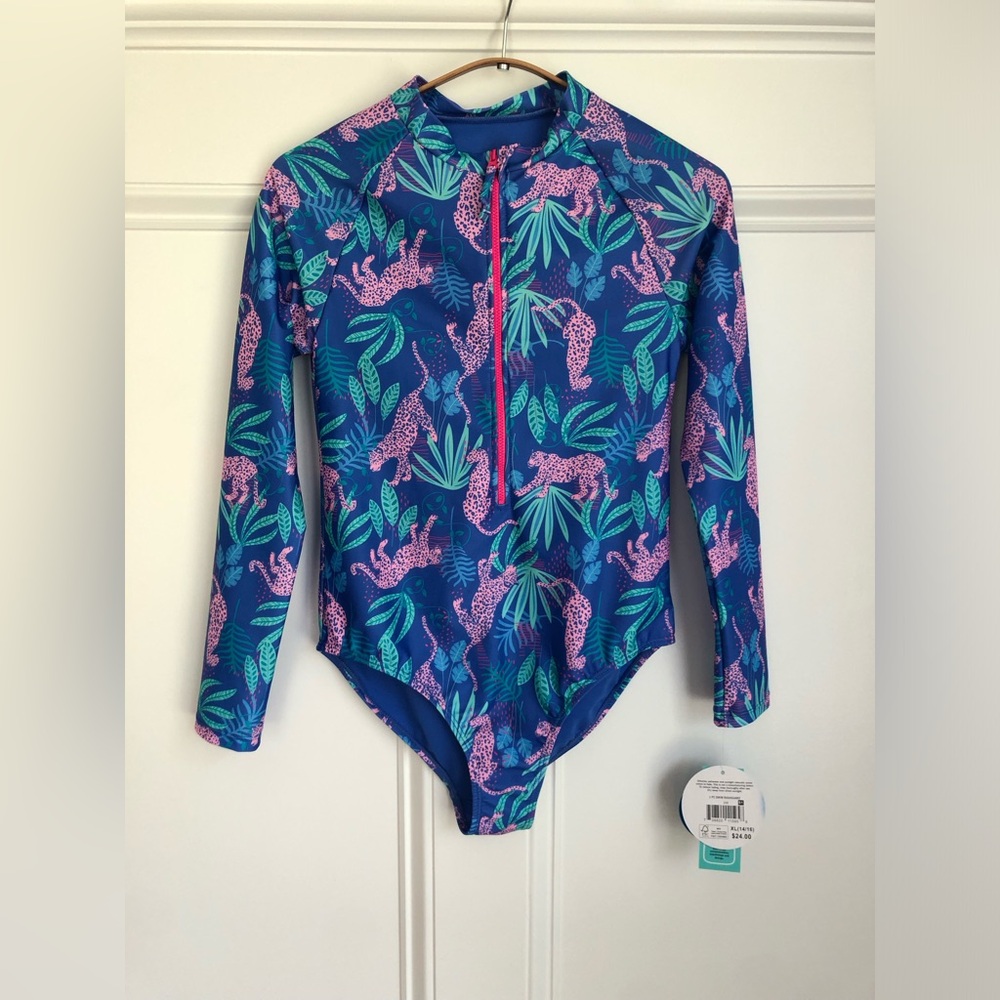 Girls' Long-Sleeve One-Piece Rashguard Swimsuit Leopard Print